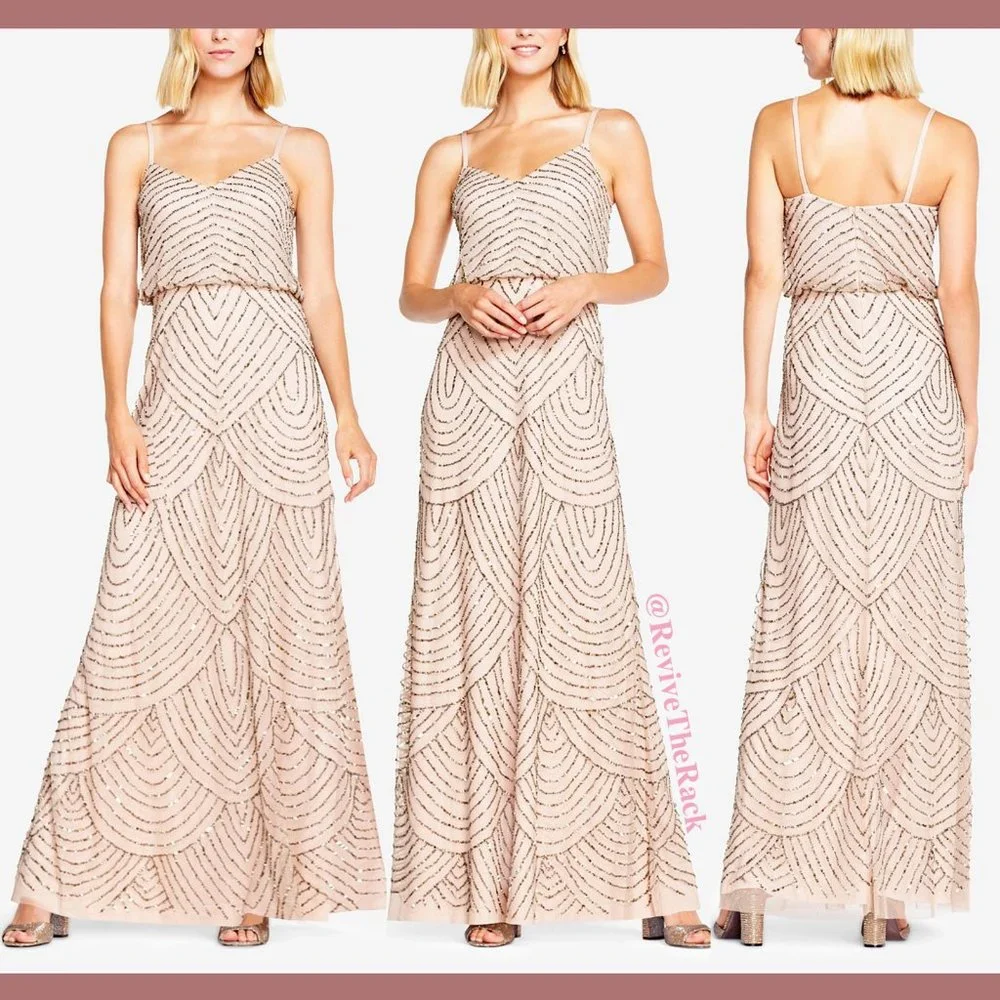 NEW $260 Adrianna Papell Art Deco‎ Beaded Blouson Gown in Taupe Pink [SZ 12P ]